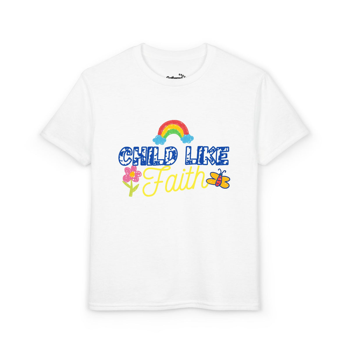 Child Like Faith Youth T-Shirt | Rainbow, Flower, Butterfly