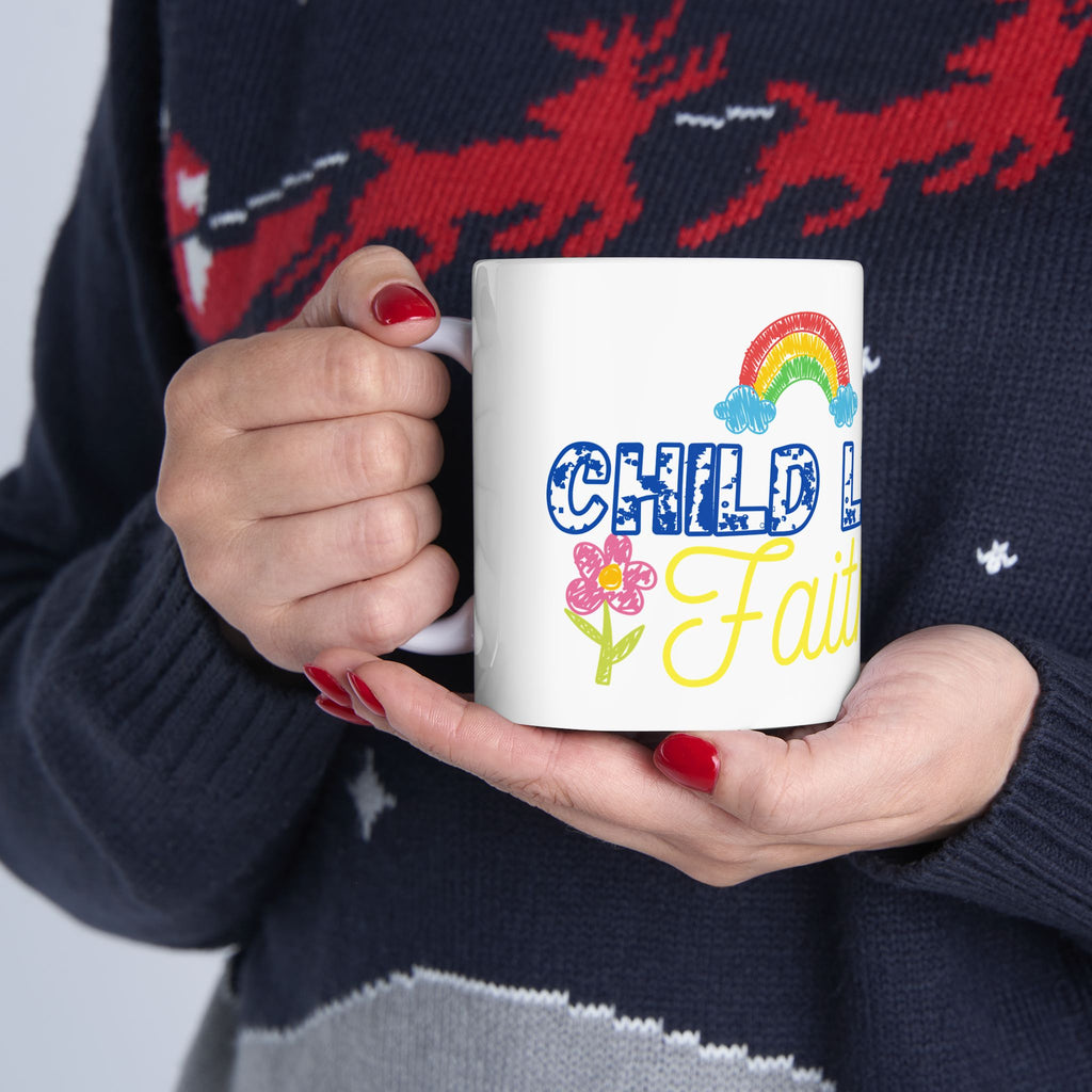 Childlike Faith Mug | Rainbow and Butterfly Ceramic Coffee Cup