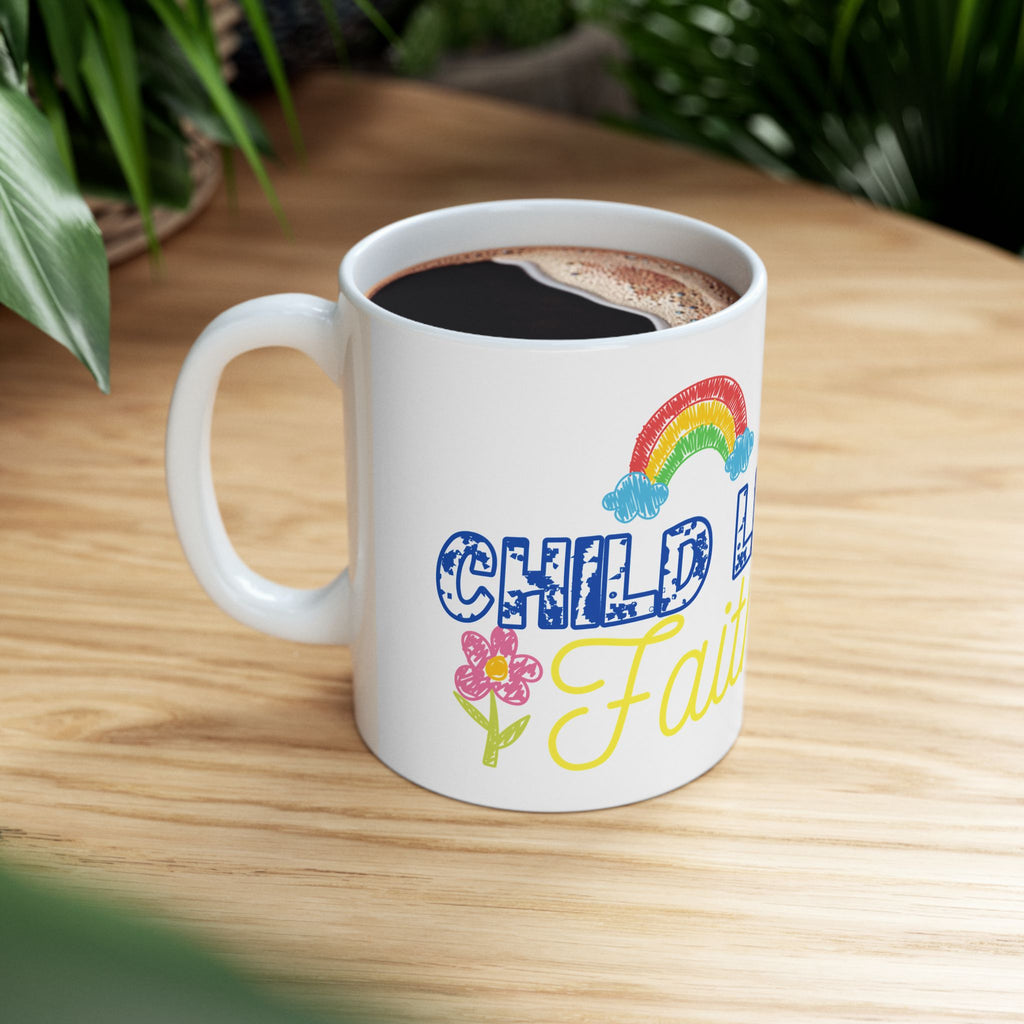 Childlike Faith Mug | Rainbow and Butterfly Ceramic Coffee Cup