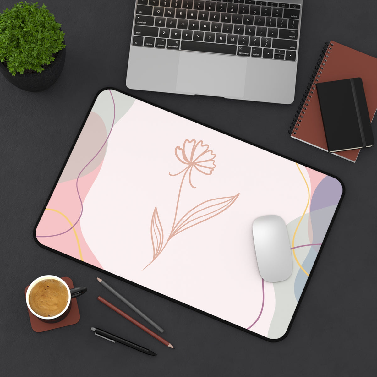 Minimal Line Flower Desk Mat | Pastel Abstract Mousepad Desk Pad