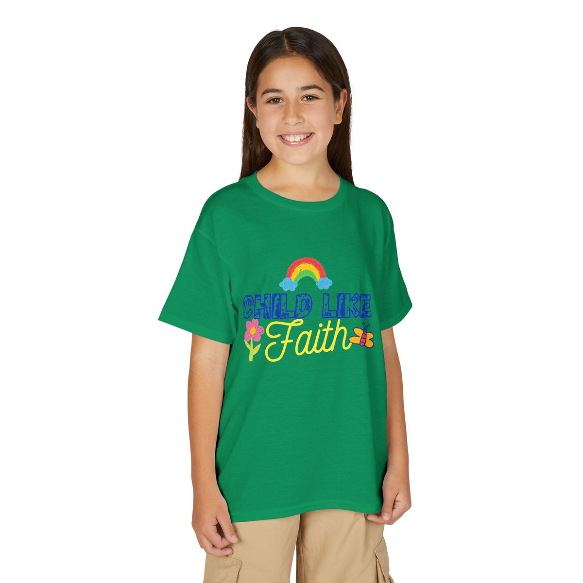 Child Like Faith Youth T-Shirt | Rainbow, Flower, Butterfly