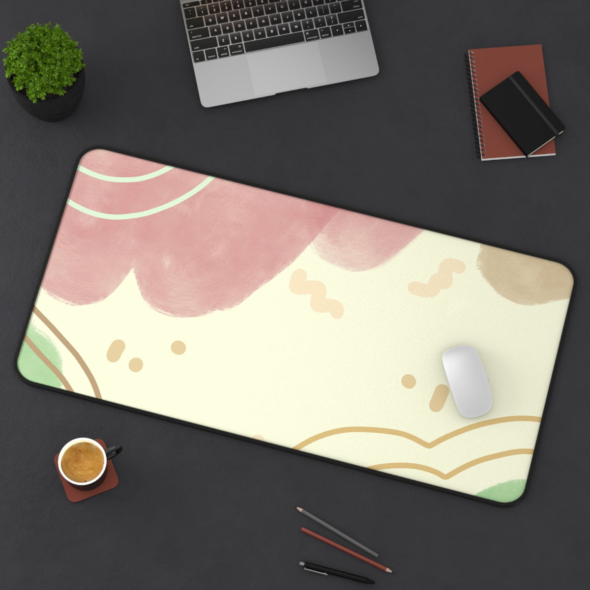 Abstract Pastel Clouds Desk Mat | Pink Green Minimalist Mouse Pad