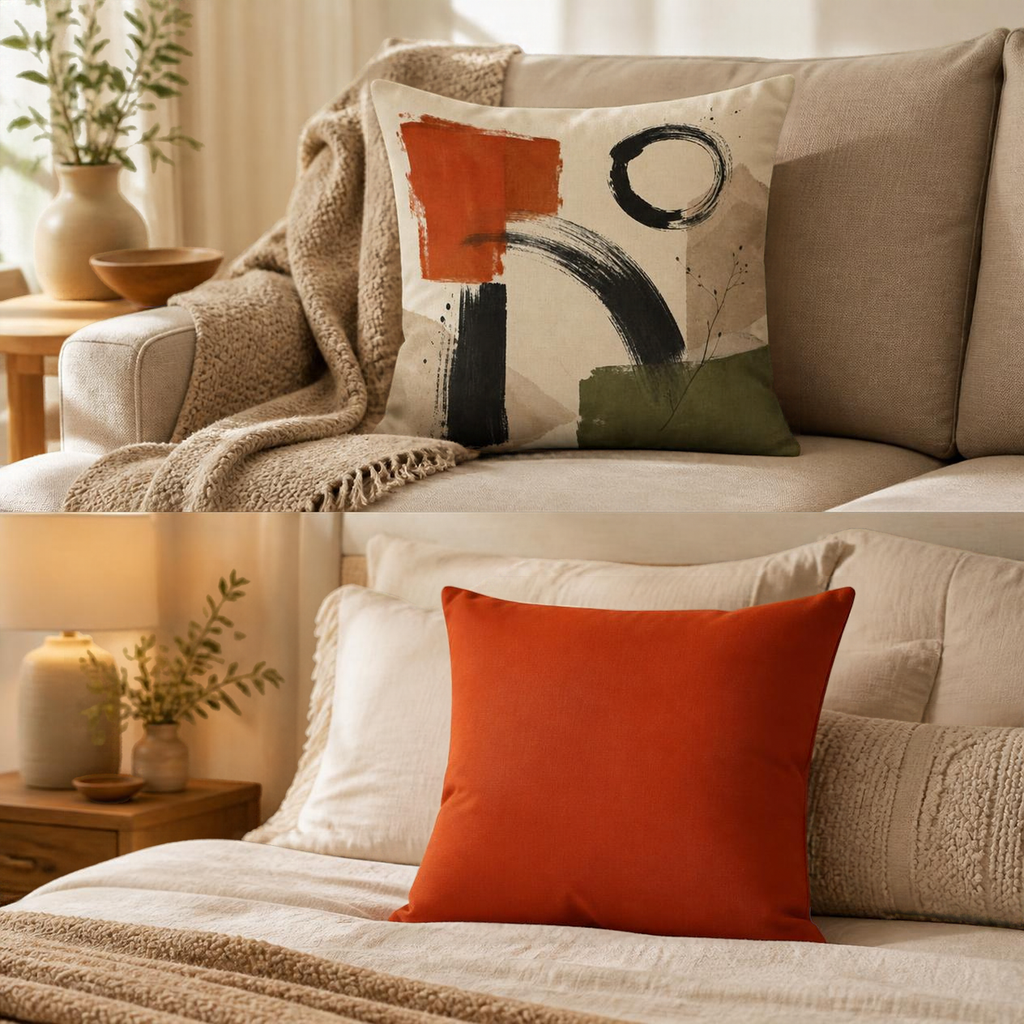 Abstract Brushstroke Cozy Pillow Faux Linen Accent | Neutral Earth Tone