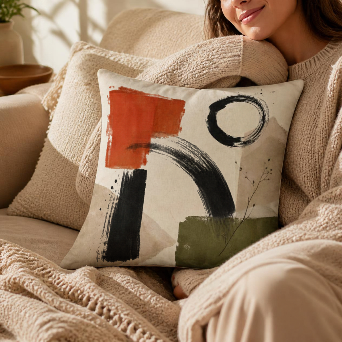 Abstract Brushstroke Cozy Pillow Faux Linen Accent | Neutral Earth Tone