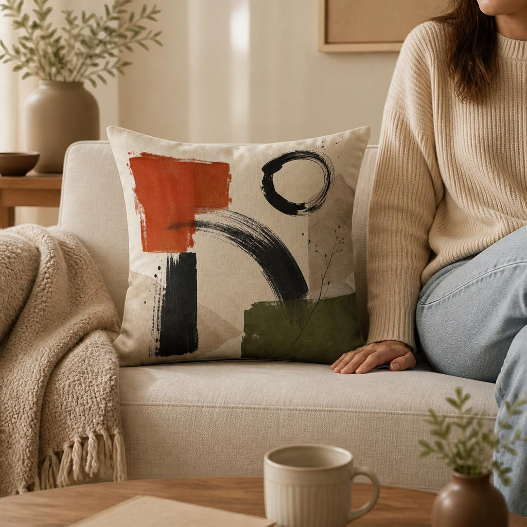 Abstract Brushstroke Cozy Pillow Faux Linen Accent | Neutral Earth Tone