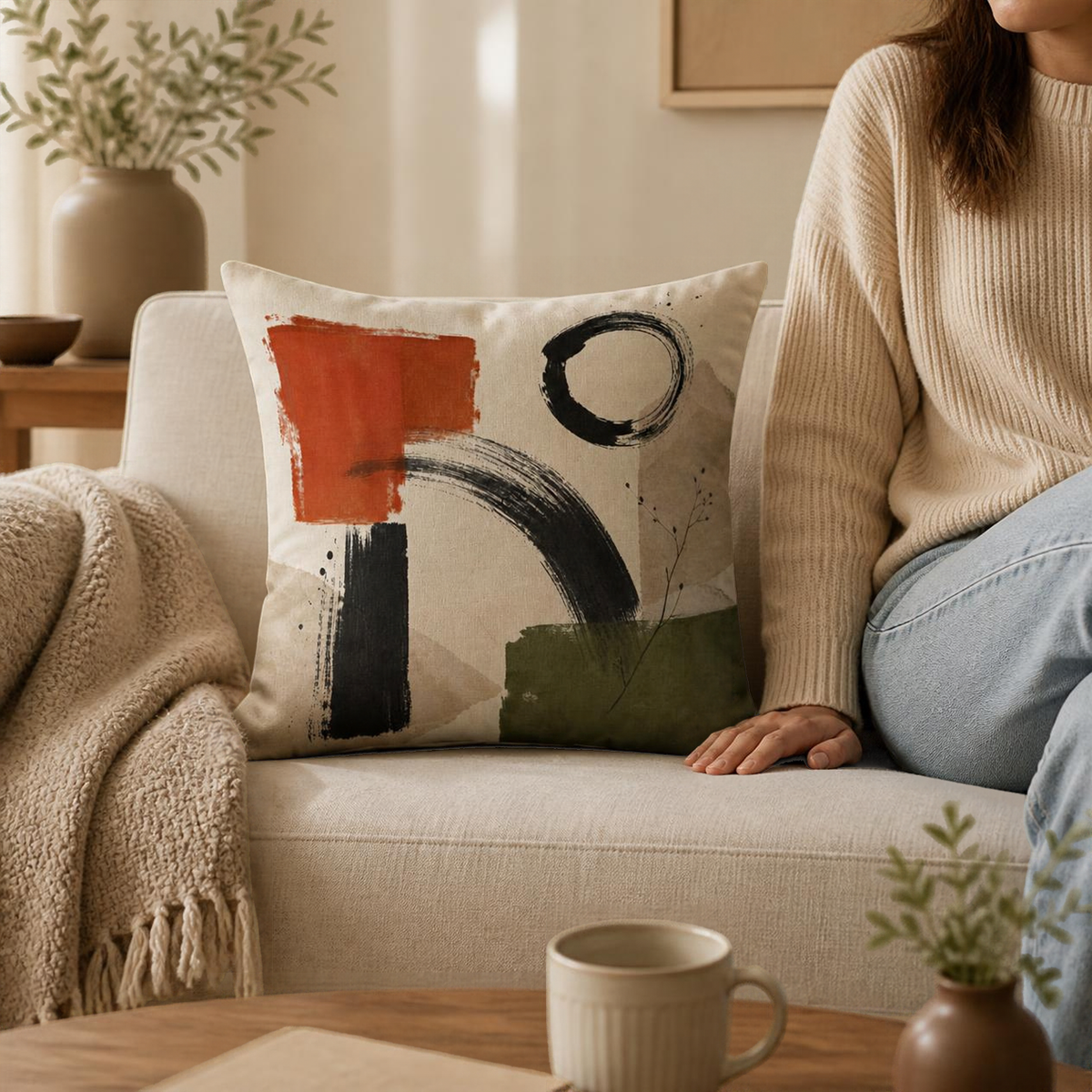 Abstract Brushstroke Cozy Pillow Faux Linen Accent | Neutral Earth Tone