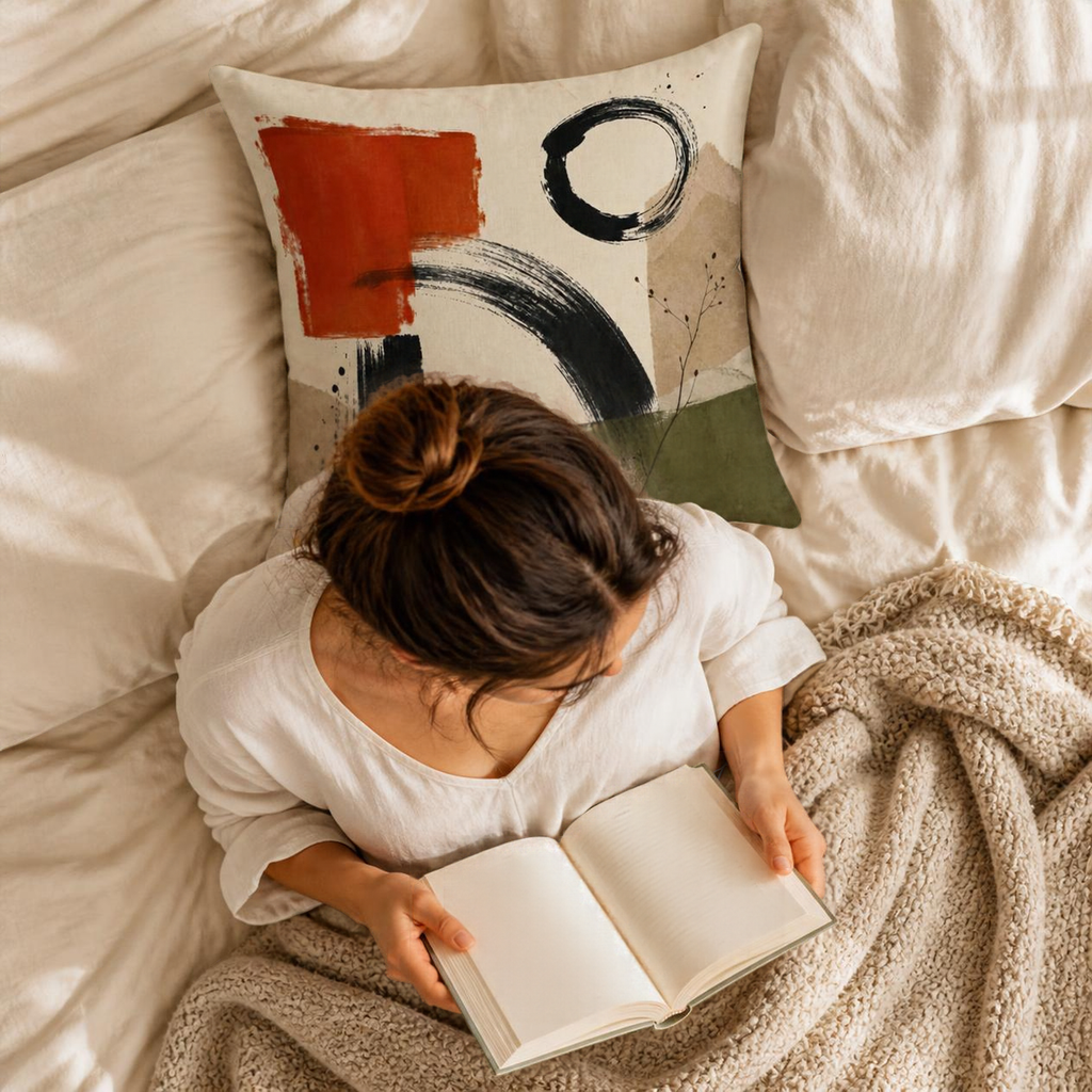Abstract Brushstroke Cozy Pillow Faux Linen Accent | Neutral Earth Tone