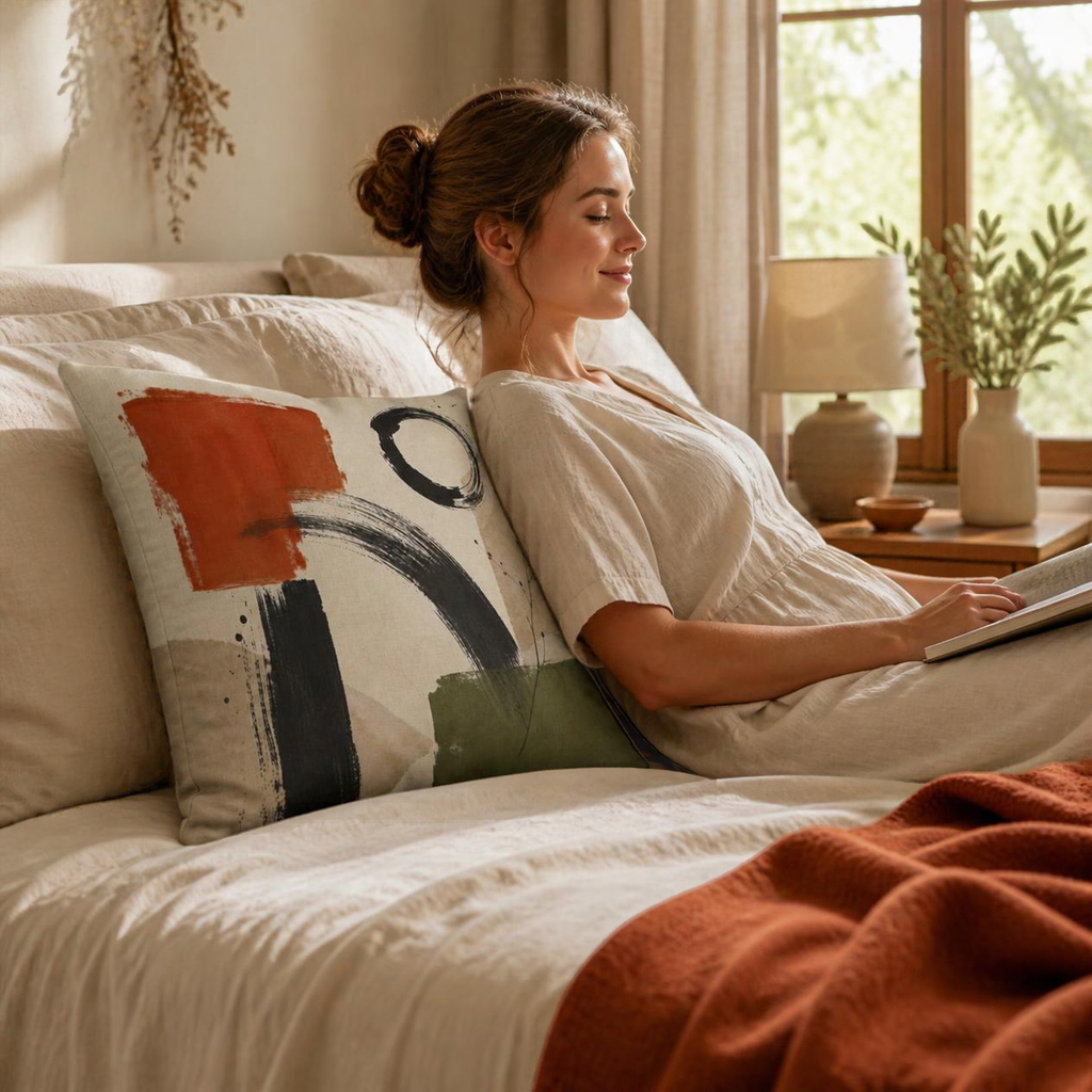 Abstract Brushstroke Cozy Pillow Faux Linen Accent | Neutral Earth Tone