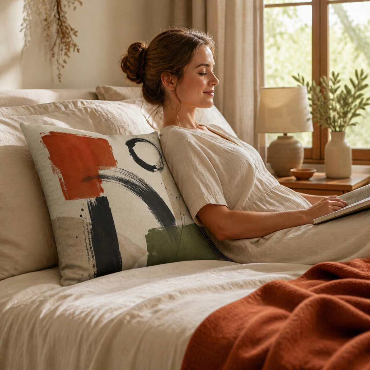 Abstract Brushstroke Cozy Pillow Faux Linen Accent | Neutral Earth Tone