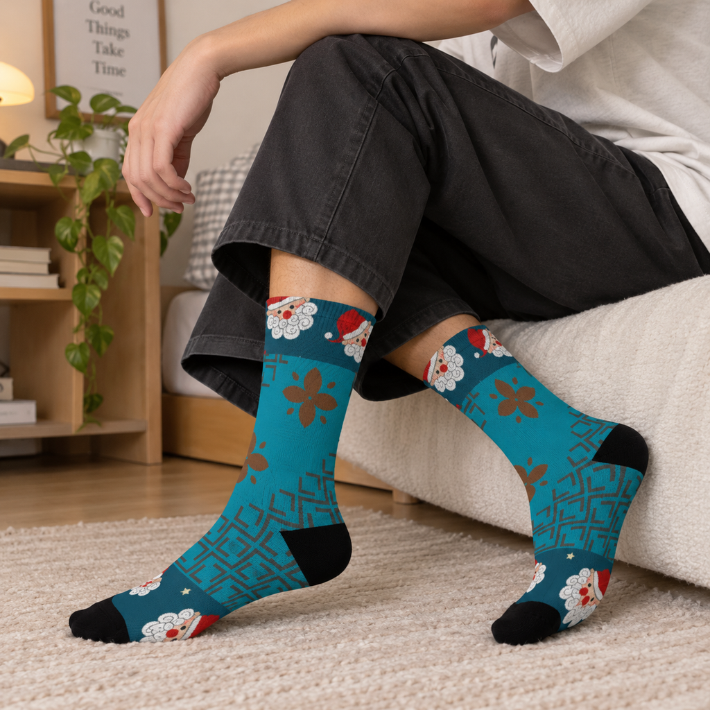Santa Face Pattern Crew Socks | Christmas Holiday Sock Design