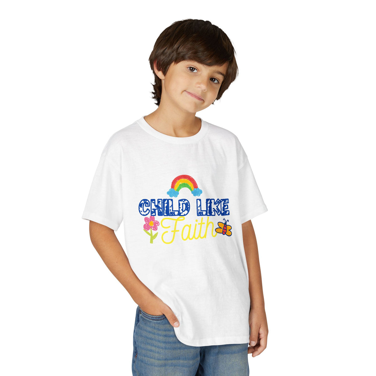 Child Like Faith Youth T-Shirt | Rainbow, Flower, Butterfly