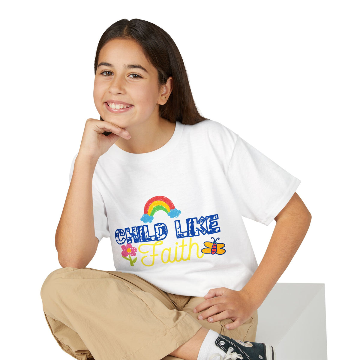 Child Like Faith Youth T-Shirt | Rainbow, Flower, Butterfly