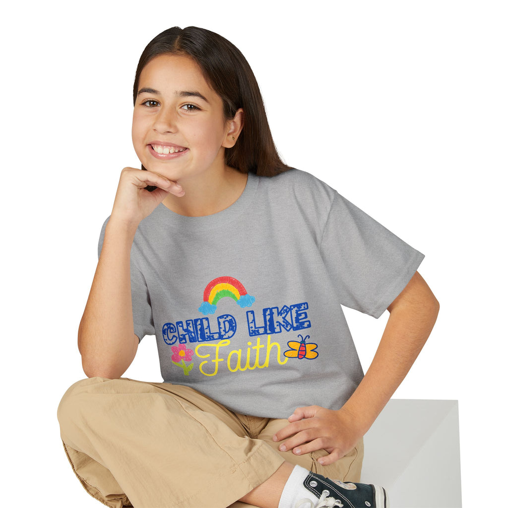 Child Like Faith Youth T-Shirt | Rainbow, Flower, Butterfly