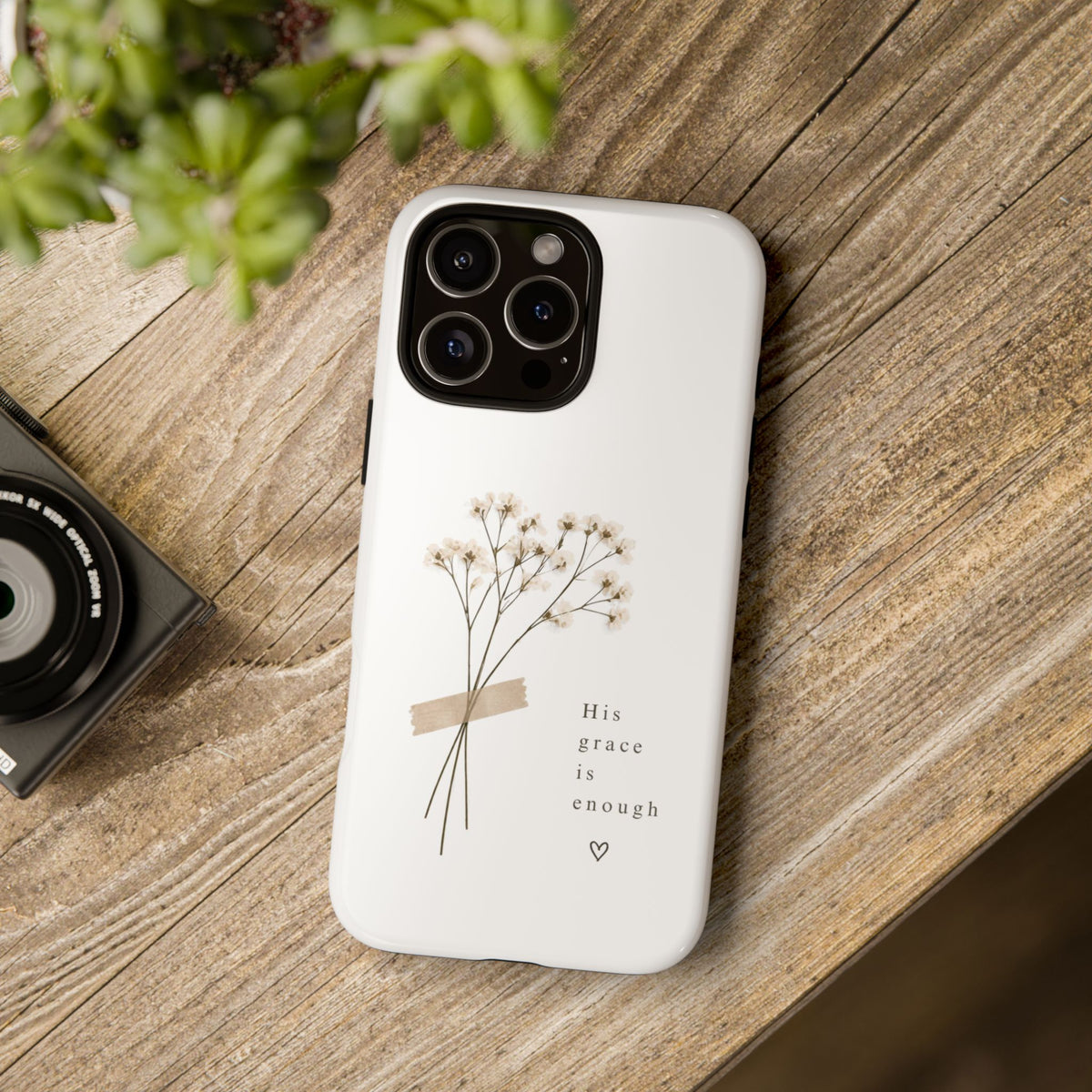 His Grace Is Enough phone case | floral dried bouquet Scripture verse