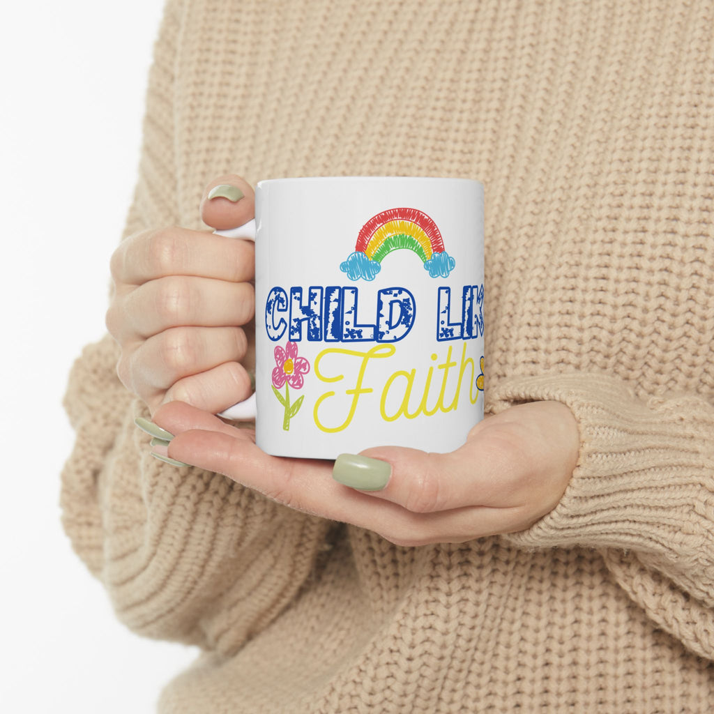 Childlike Faith Mug | Rainbow and Butterfly Ceramic Coffee Cup