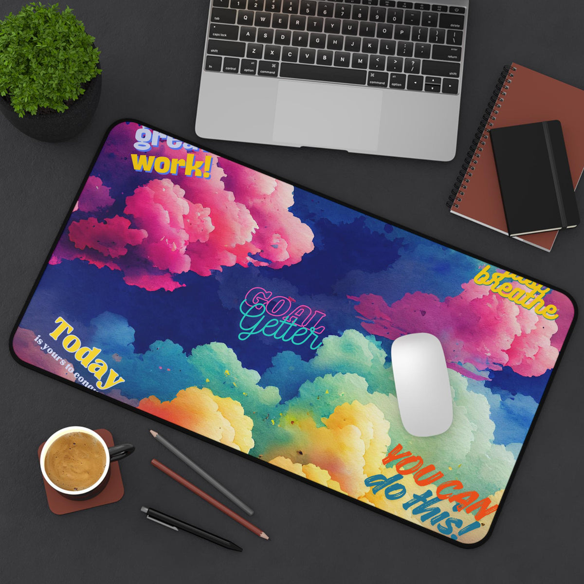 Motivational Rainbow Cloud Desk Mat | You Can Do This, Just Breathe