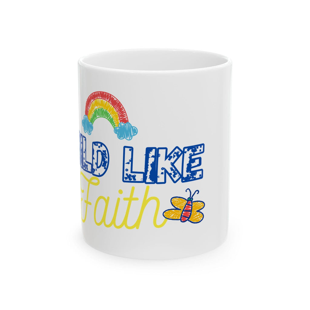 Childlike Faith Mug | Rainbow and Butterfly Ceramic Coffee Cup
