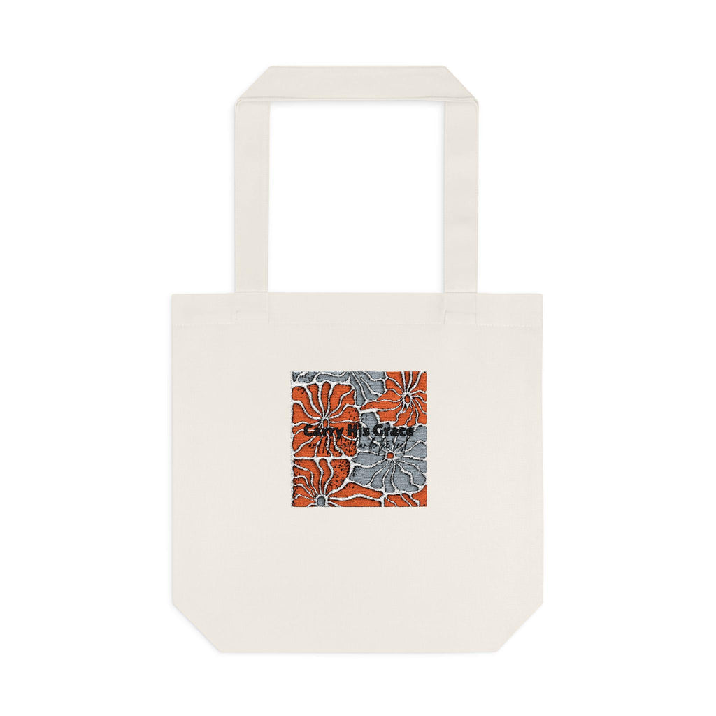Abstract Floral Mosaic Cotton Tote Bag | Orange Gray Grid Art