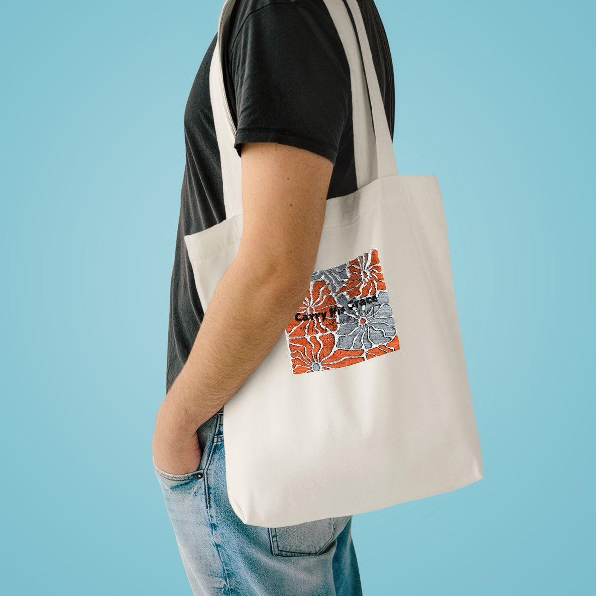 Abstract Floral Mosaic Cotton Tote Bag | Orange Gray Grid Art
