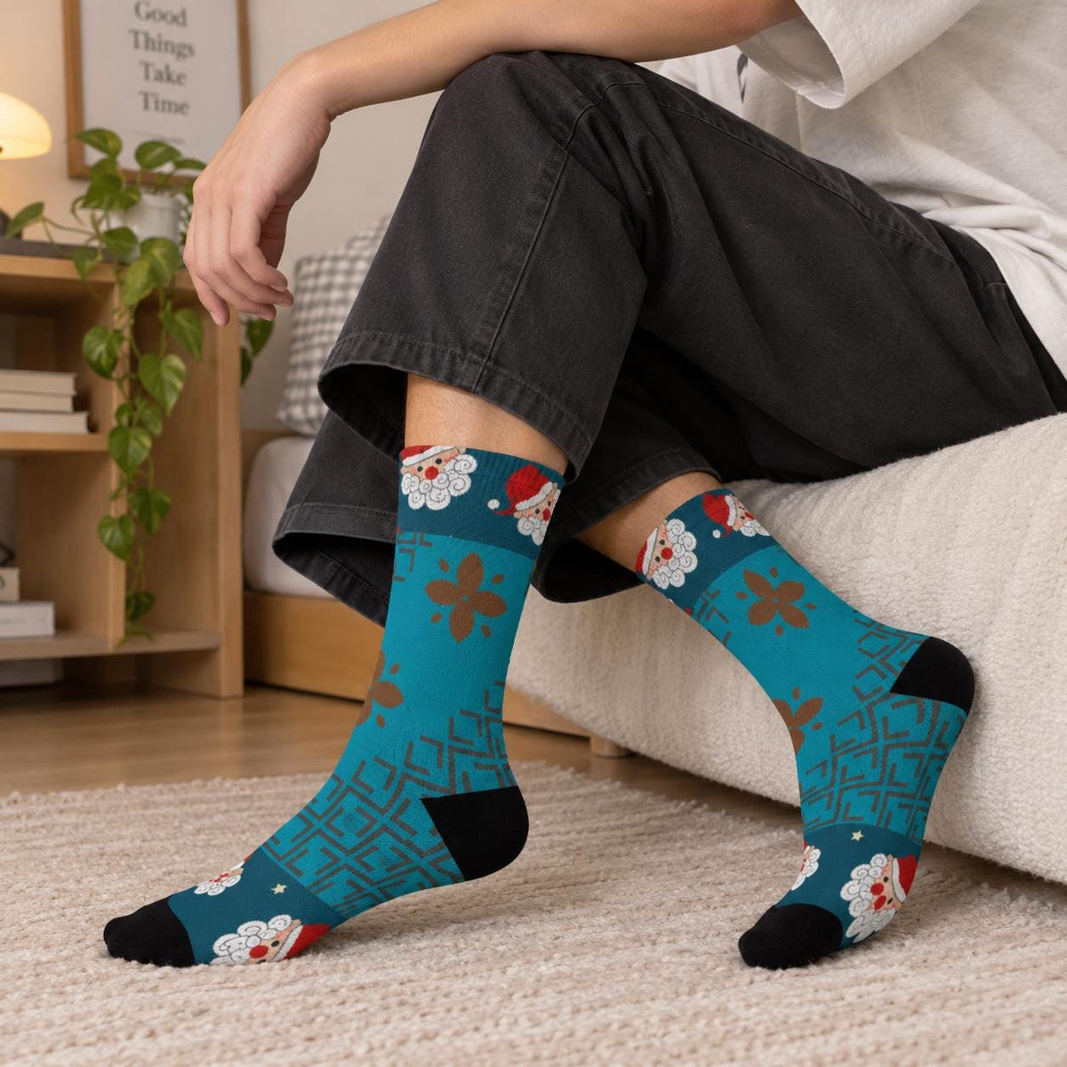 Santa Face Pattern Crew Socks | Christmas Holiday Sock Design